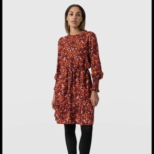 Saint + Sofia Olivia Floral Print Zip Up Smocked Cuff Dress Burgundy Red Sz 14